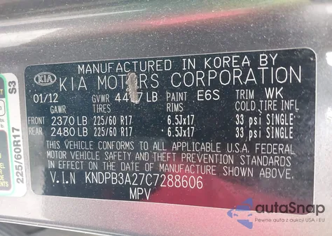 2012 Kia Sportage Lx из США, поврежденный, VIN KNDPB3A27C7288606